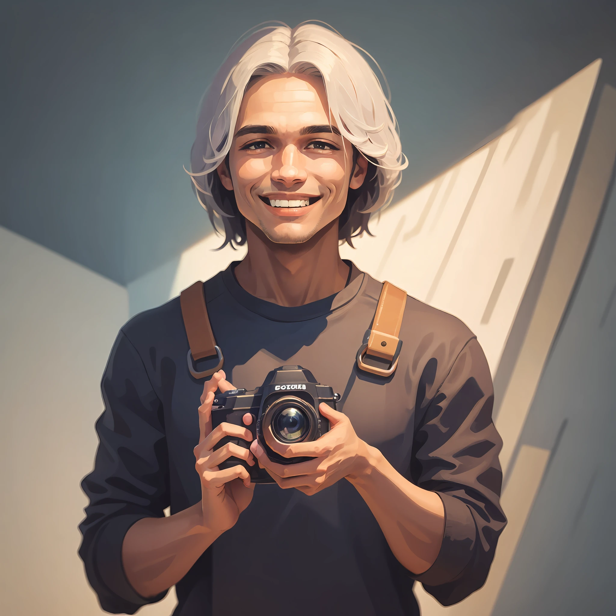 Uma imagem de um homem jovem, com cabelos escuros e olhos expressivos, sorrindo casualmente. Ele está com uma câmera nas mãos, mostrando sua paixão pela fotografia. --auto