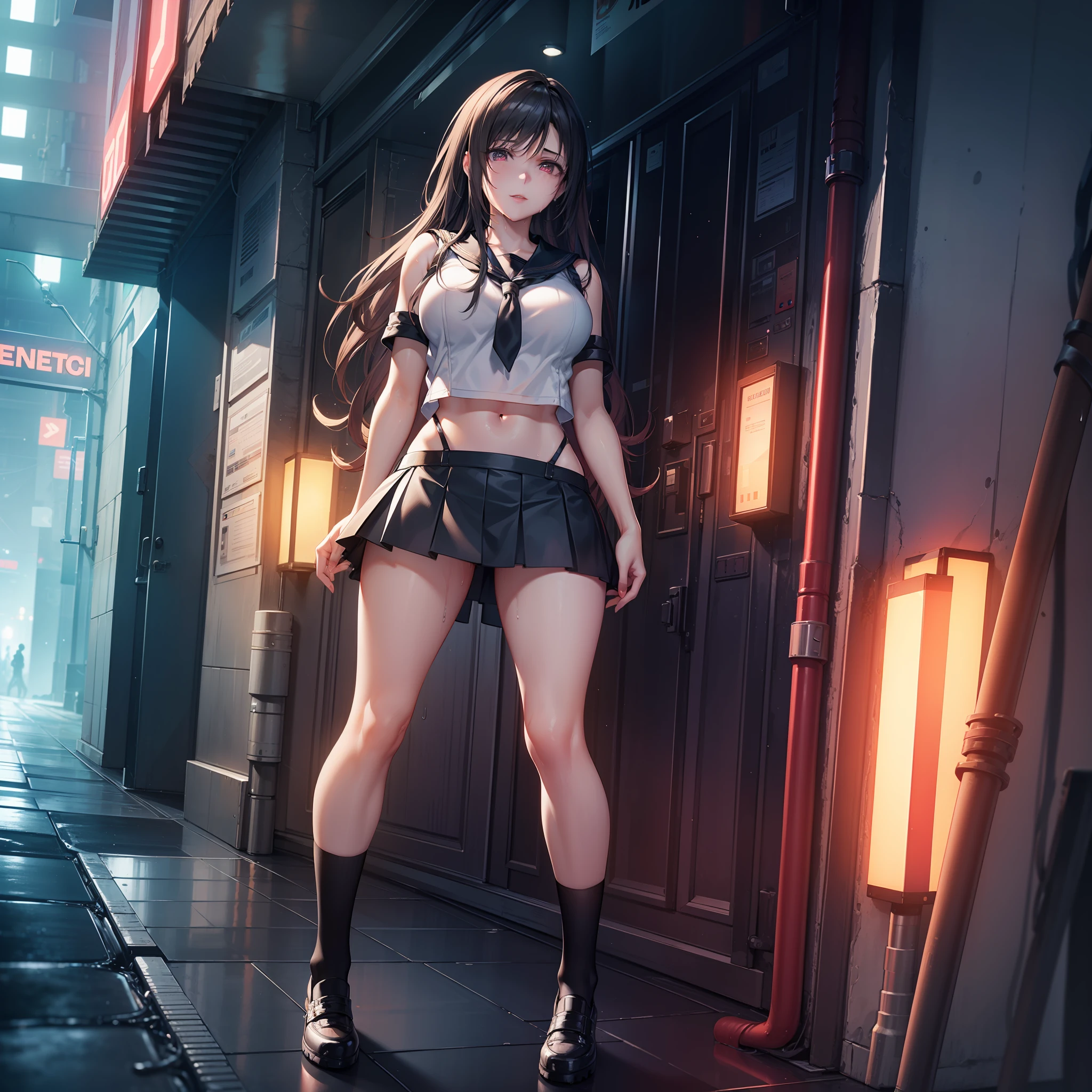 Photorealistic,Realistic illustration in Manga style,((Masterpiece)),((Best quality)),((Ultra detailed)),((Perfect anatomy)),((Perfect hands)),Cute_face,Exceptionally Beauty Waifu Tifa Lockhart Final Fantasy 7 Remake,((Only)),in a beautiful cosplay of  uniform,Sailor Miniskirt,black socks,light-red_eyes,wavy hair,eyeliner,Cute Makeup,with looking with lovingly,((Perfect Detailed Eyes)),in a Cyberpunk City with neon lights,rainy outside,night,((Extremely CG Unity 8K Wallpaper)),Intricate Detailing,Extremely beautiful and aesthetic,Octane Rendering,Full Body Portrait,wet skin,((Perfect Detailed Body)),