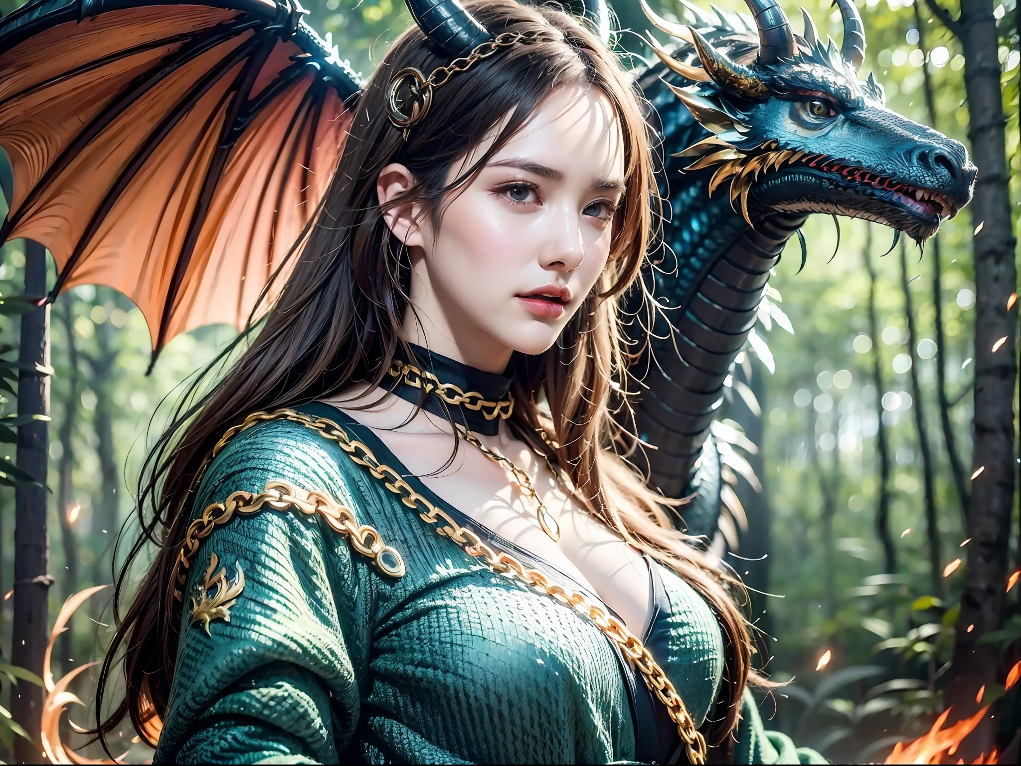 A beautiful girl with a rainbow dragon, ((girl wearing a long robe)), (wearing chain mail: 1.4), (long cloth pants: 1.2), (chain mail with dragon scale patterns), perfect facial features, delicate face, long hair, graceful, wisdom, courage, rainbow dragon, scales, horns, flames, wings, dragon claws, dragon protecting the girl, background for ancient forest, mysterious connection, protection, trust, realistic quality, realism, 8k, best quality, masterpiece, cinematic quality, high chiaroscuro, octane rendering