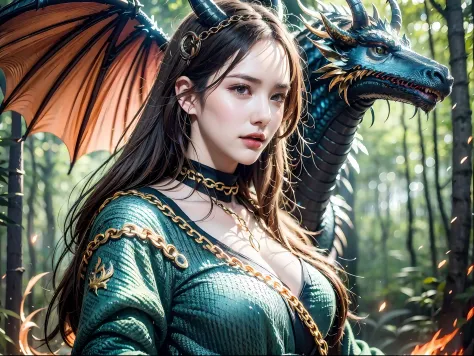 A beautiful girl with a rainbow dragon, ((girl wearing a long robe)), (wearing chain mail: 1.4), (long cloth pants: 1.2), (chain...