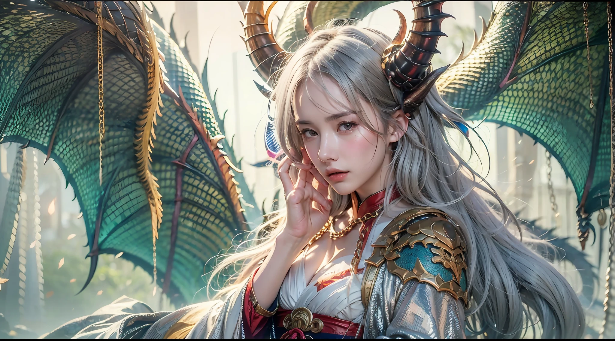 A beautiful girl with a rainbow dragon, ((girl wearing a long robe)), (wearing chain mail: 1.4), (long cloth pants: 1.2), (chain mail with dragon scale patterns), perfect facial features, delicate face, long hair, graceful, wisdom, courage, rainbow dragon, scales, horns, flames, wings, dragon claws, dragon protecting the girl, background for ancient forest, mysterious connection, protection, trust, realistic quality, realism, 8k, best quality, masterpiece, cinematic quality, high chiaroscuro, octane rendering