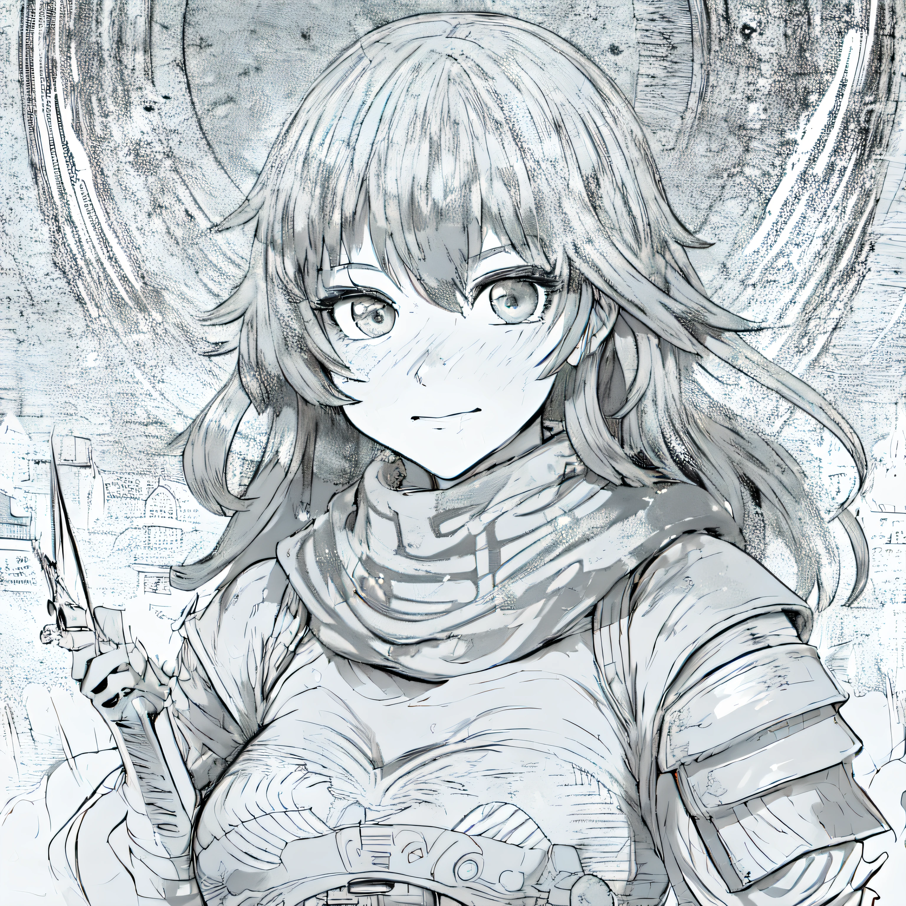 1girl, the 22, lineart, manga style, hood, manga lineart, monochrome, Whole body, Inspired by Ryuko Matoi, Freckles in the face, anime style, warrior girl, medieval character concept, rpg style, blond hair, Long hair, locks of hair, long circular earrings, Big eyebrows, thick eyebrows, armadura mediaval, Half armor, metal armor, Rhombus Logo Scarf, tall girl, long legs, leather and metal boots, metal shoulder pads, small breasts, rustic metal armor, Angry, bothers, blond hair y largo, in a medieval castle, medieval kingdom, standing, In front, sonriendo Whole body