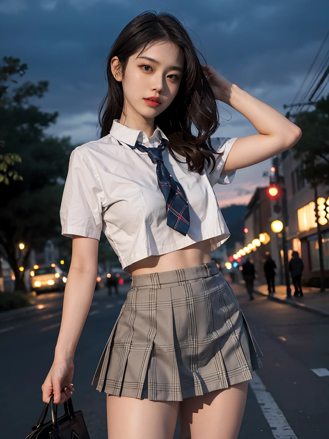 Best quality, Masterpiece, Ultra-high resolution, (Photorealistic:1.4), RAW photo, (Perfect body shape), (Slim:1.2), Dynamic pose, 1girll, (complete figure:0.9), 独奏, Big breasts, Sagging breasts, , Plaid mini skirt, In the dark, Night, On the street, deepshadow, low tune, Cold light 12000K