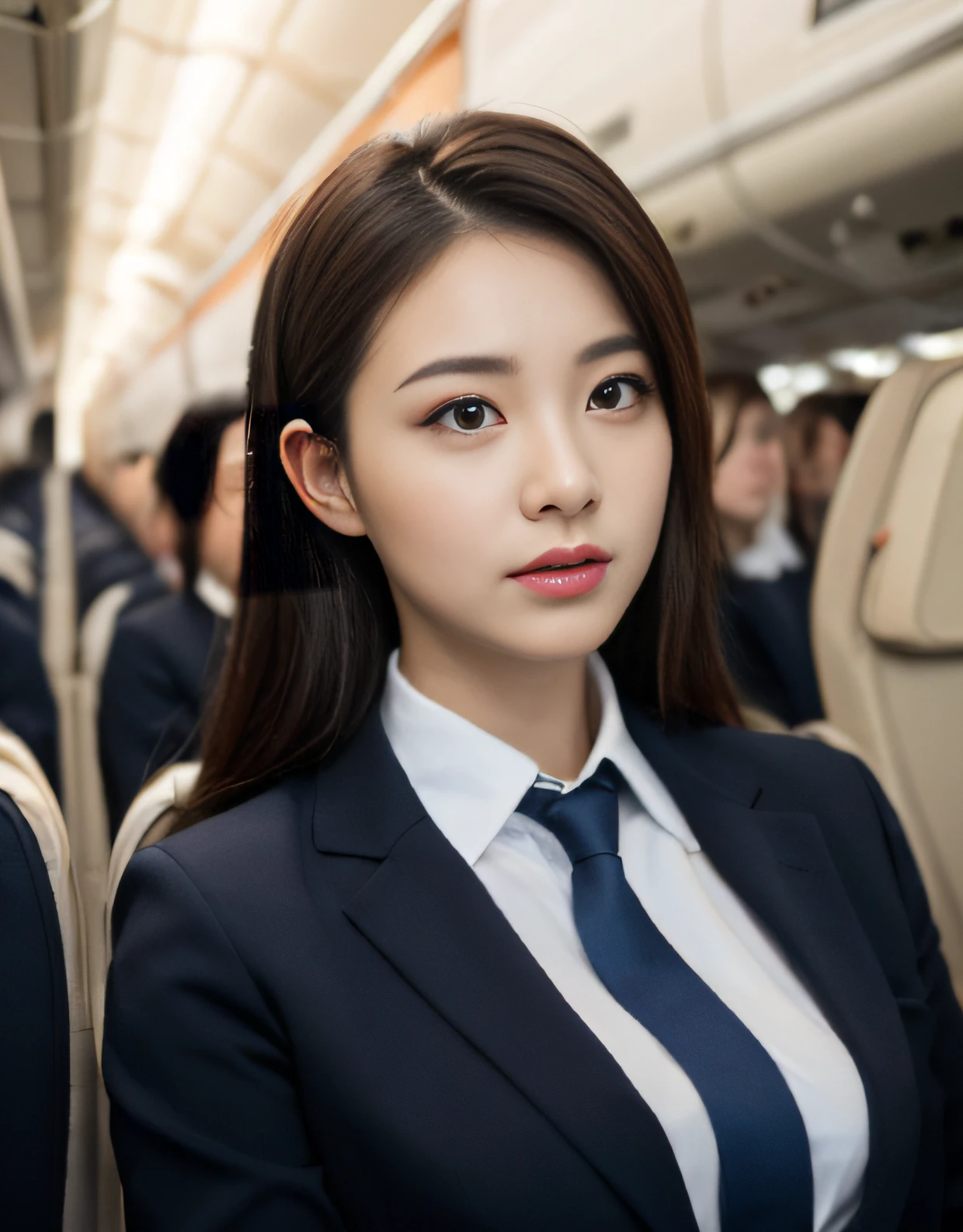 best quality, masterpiece, 8k, ultra high res, (photorealistic:1.4), highly detailed, intricate detail, delicate and beautiful, good lighting, professional lighting, sharp focus, detailed shadows, exquisite details and textures, depth of field, unity 8k wallpaper, cinematic composition, cinematic lighting, official art, Cabin Crew, flight attendant, black pantyhose, (aircraft, (Aircraft Corridor), Aircraft seats) beautiful elegant face, detailed face, detailed eyes, realistic hair, long hair, (1girl), (standing:1.3),