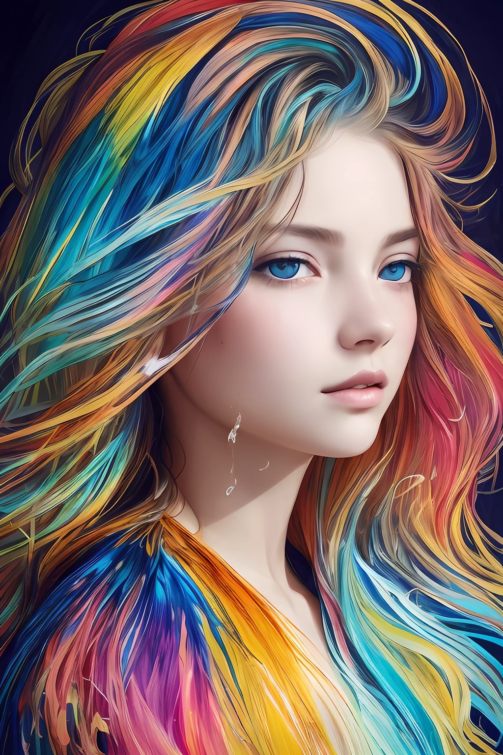 Colorful beautiful girl: a giru 8-years old, messy hair, oil painting, nice perfect face with soft skinice perfect face, blue yellow colors, light purple and violet additions, light red additions, intricate detail, splash screen, 8k resolution, masterpiece, cute face,artstation digital painting smooth veryBlack ink flow: 8k resolution photorealistic masterpiece: intricately detailed fluid gouache painting: by Jean Baptiste Mongue: calligraphy: acrylic: watercolor art, professional photography, natural lighting, volumetric lighting maximalist photoillustration: by marton bobzert:, complex, elegant, expansive, fantastical,  wavy hair, vibrant