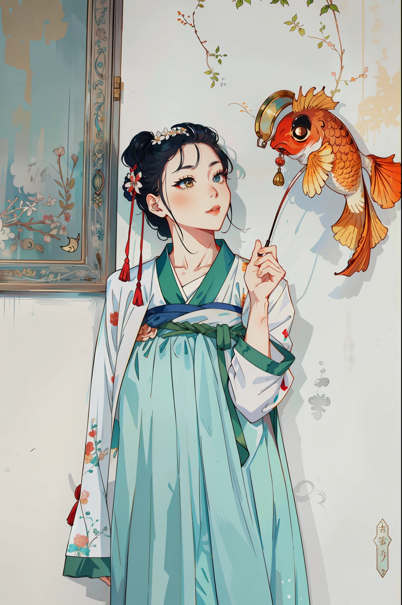 woman，Hanfu，Carp lamp