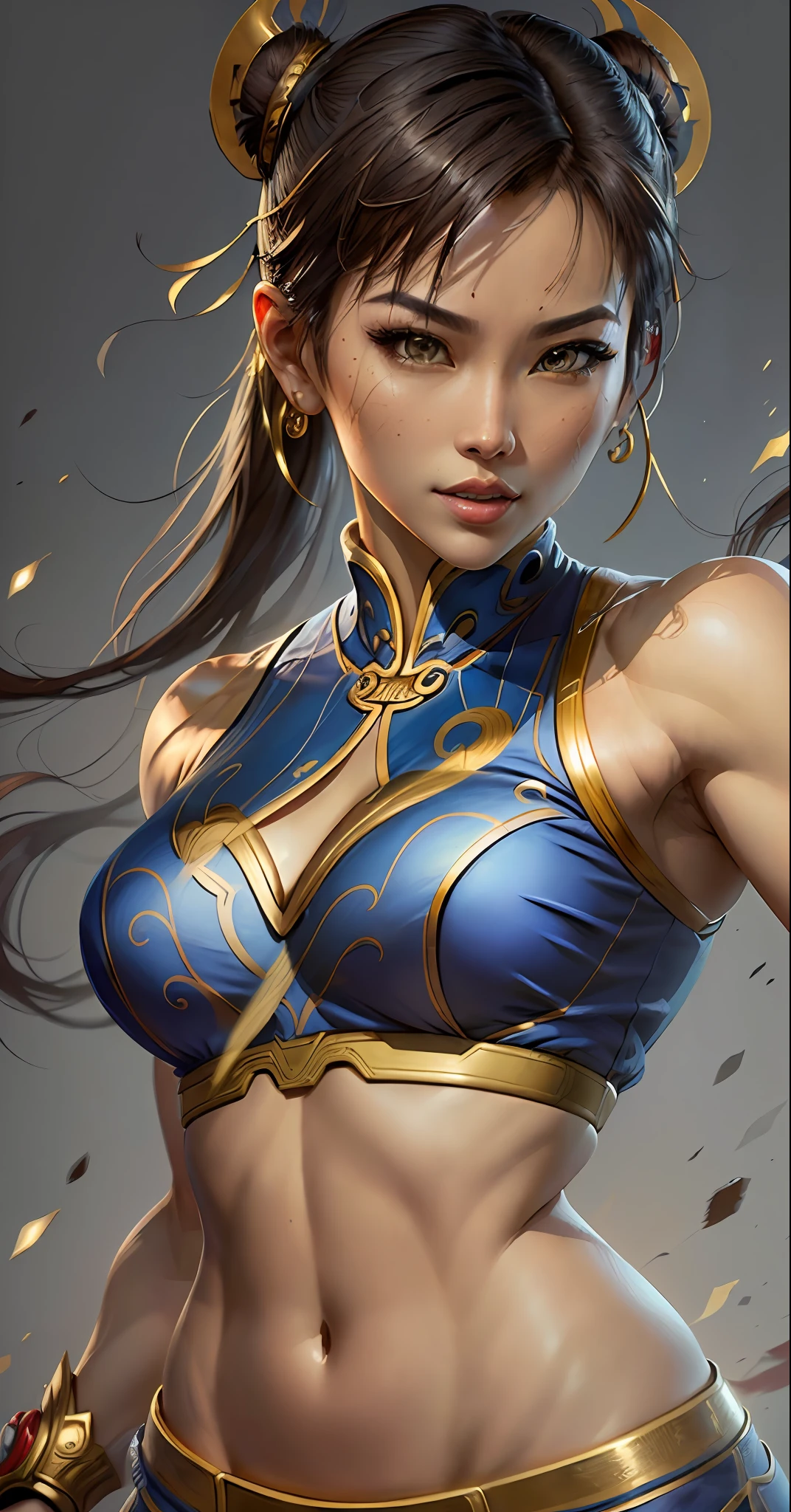 Eine Frau in blauem Hemd und goldener Hose，Porträt von Chun-Li, Porträt von Chun Li, Chun- li, chun - li, chun li, extrem detailliertes Artgerm, Chun Li im Fitnessstudio, artgerm 4 k, artgerm detailliert, g liulischer Kunststil, Art germ. hohe Detailgenauigkeit