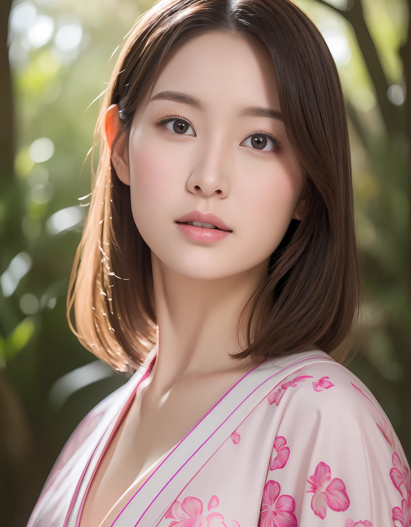 Portrait of beautiful Japanese woman in kimono, pale skin, pink lips, orchid in her hair. (8K, Best Quality : 1.2), (Masterpiece, Photorealistic : 1.3), Super Detail, anatomically correct