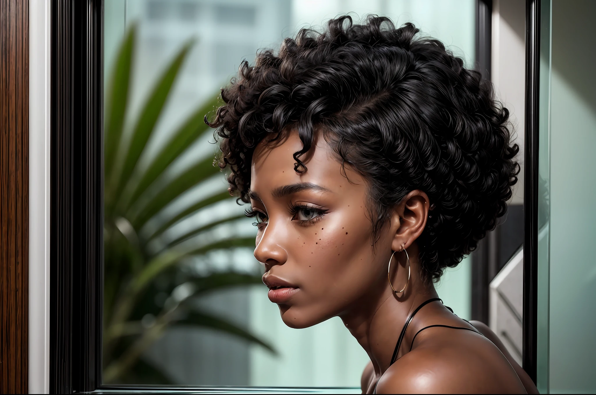 A beautiful ebony woman looks through the window of a futuristic room in the futuristic spacecraft grom above at the jungle in the distance. The woman has (black skin), tan skin, juicy lips, bimbo lips, kissable lips, large green eyes (afro curly black hair), (flawless face), cute face, oiled skin, tan, intricate eye detail, chubby face, sunburnt ebony skin, detailed (wrinkles, blemishes!, folds!, moles, viens, pores!!, skin imperfections:1.1), she od very tired. Her face is close to the glass, looks though the windows, his hands resting against the glass. You can see spend great exhaustion on her the face. Face in profile, Profile photo shoulder frame. Perfect hands, (she is wrapped in a sheet), She is naked, wet skin. The interior of the futuristic ship is white and black. (Bright morning light)