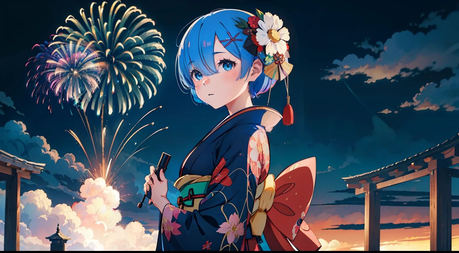 1fille, Rem, (kimono:1.2), feux d&#39;artifice, regarder le spectateur,, (chef-d&#39;œuvre:1.2), haute résolution, Meilleure qualité, 8k,