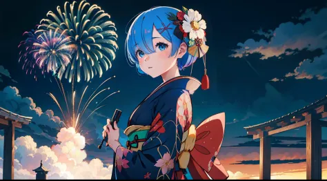 1girl, Rem, (kimono:1.2), fireworks, looking at viewer,, (masterpiece:1.2), highres, best quality, 8k,