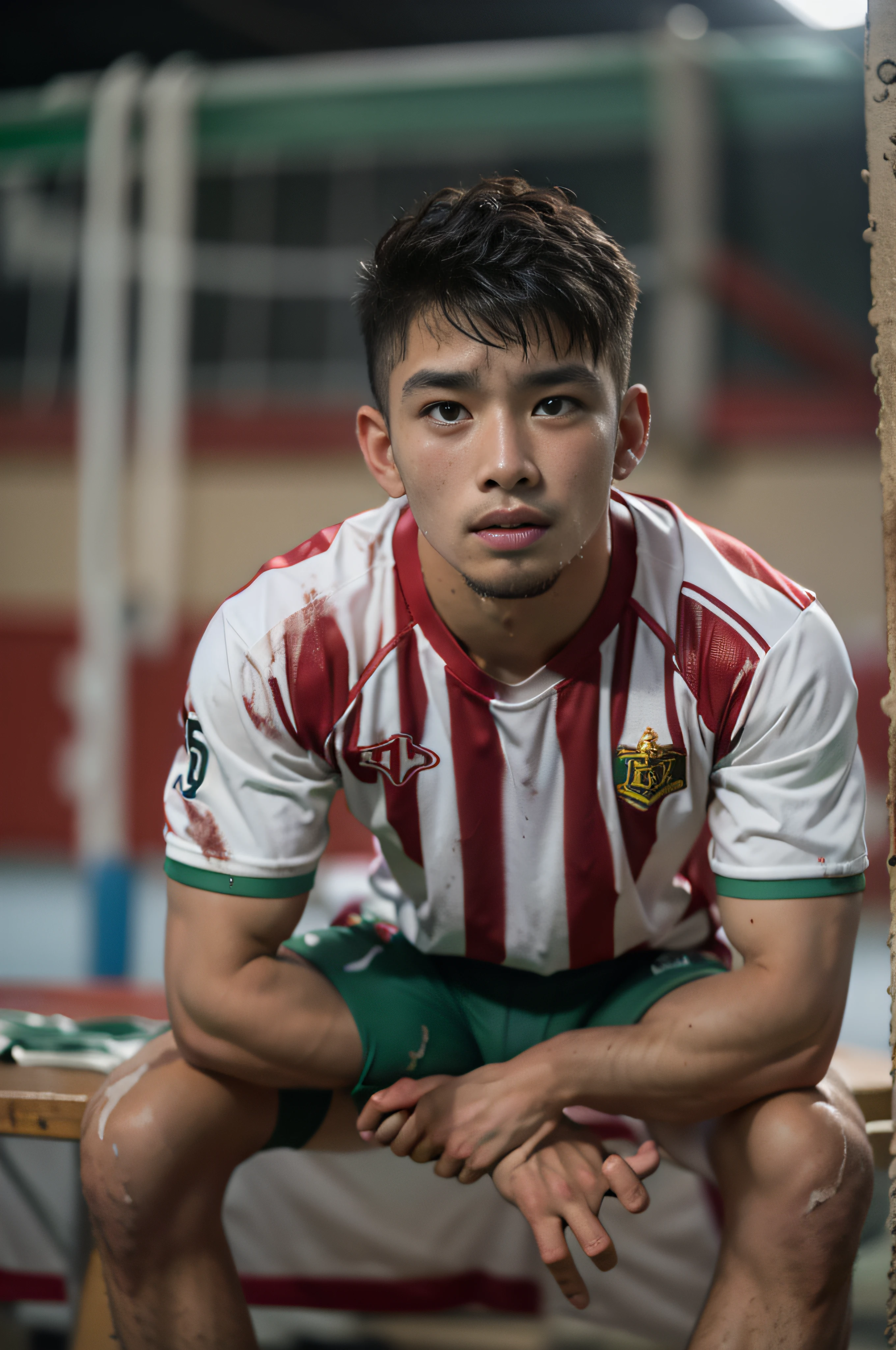 Foto CRU, Um belo homem fitness do sudeste asiático senta-se sozinho em uma mesa de futebol vazia depois de perder uma partida de futebol, Expressa arrependimento, choro, O rosto está bem definido，Abra as pernas，A virilha é levantada，rico em detalhes, olhos verdes, Ele usava equipamento de futebol sujo, cheio de suor, Tristeza , (pele altamente detalhada: 1)