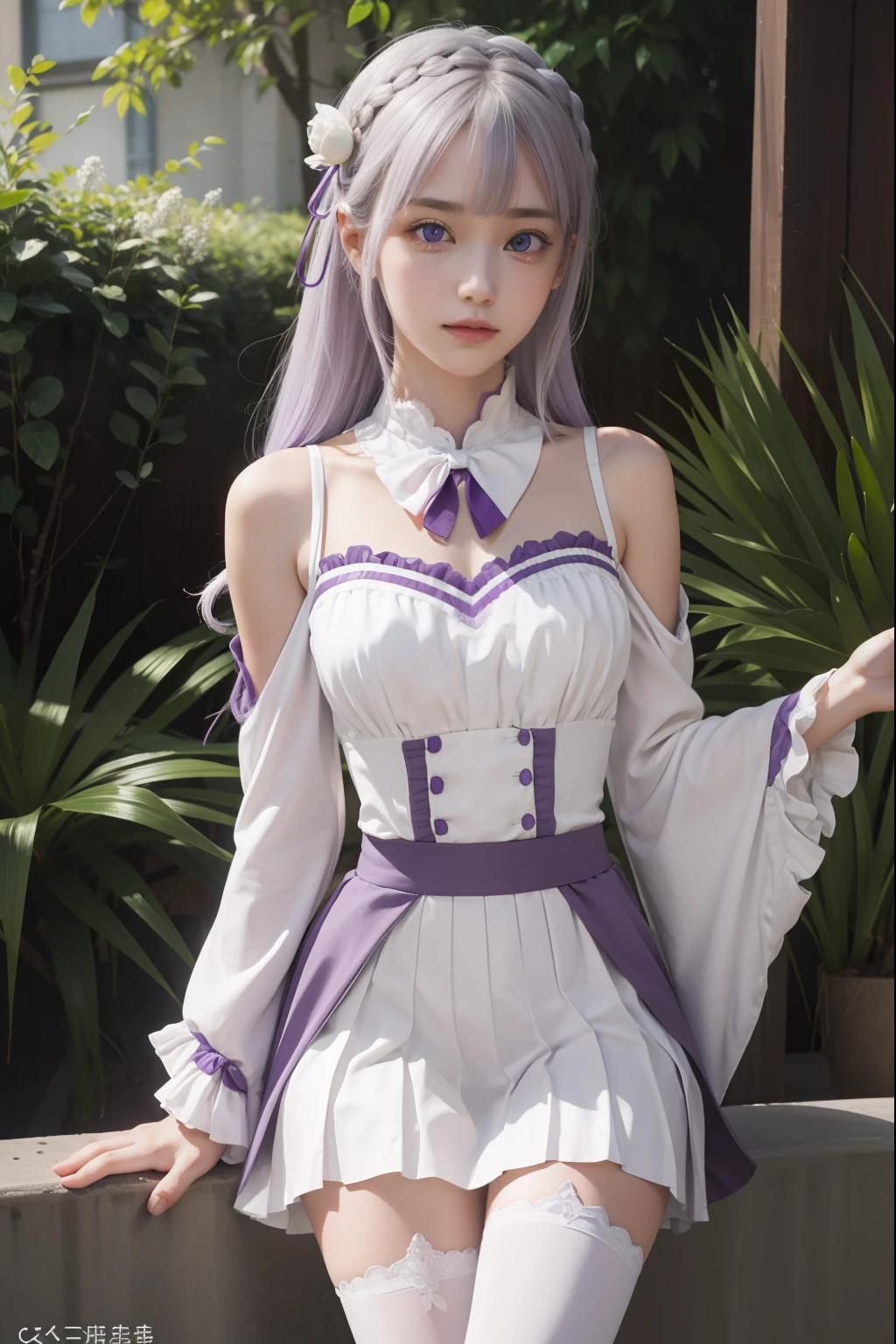 Lezero emilia, emilia, braid, Crown braid, flower, Hair Flower, hair ornament, Hair Ribbon, Long hair, pointy ear, (Purple eyes:1.2), White hair, X hair ornament,
Break Detach Color, Detached sleeves, frilly sleeves, frilld, Long sleeves, Miniskirt, Pleated skirt, bow ribbon, Skirt, thighs thighs thighs thighs, White skirt, White sleeves, white thighhig, Wide sleeves, zettai ryouiki,
BREAK outdoors, city,
BREAK looking at viewer, BREAK (masutepiece:1.2), Best Quality, High resolution, Unity 8k Wallpaper, (Illustration:0.8), (Beautiful detailed eyes:1.6), extra detailed face, Perfect Lighting, extremely details CG, (Perfect hands, Perfect Anatomy),