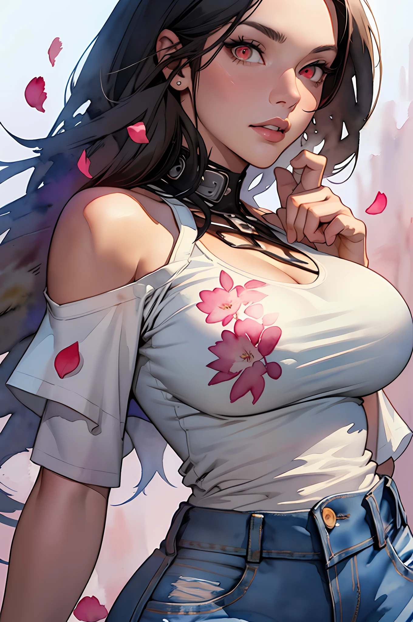 Anime girl with long hair and a white shirt with pink flowers - SeaArt AI