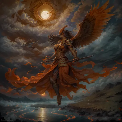 masterpiece, best quality, (solo), (aven), painting of Aven a Racing Red bird woman with claws wearing armor, medieval setting, in a stream, detailed night sky, beautiful moon, layers of dark clouds, flying, flying over temperate steppe, above clouds, Aeri...