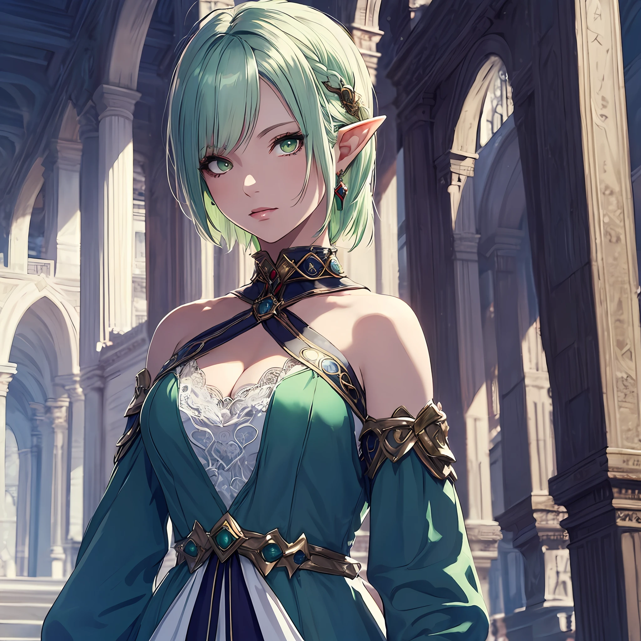 masterpiece, best quality, 1woman, adult, female focus, solo, light green hair, vibrant green eyes, looking at viewer, closed mouth, bangs, Fantasy aesthetics, Highly detailed, shadowverse style, elf ear, white dress, high priestess