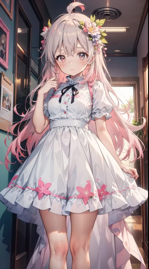 Anime girl with long pink hair and white dress standing in the hallway, anime visual of a cute girl, ethereal anime, anime best ...