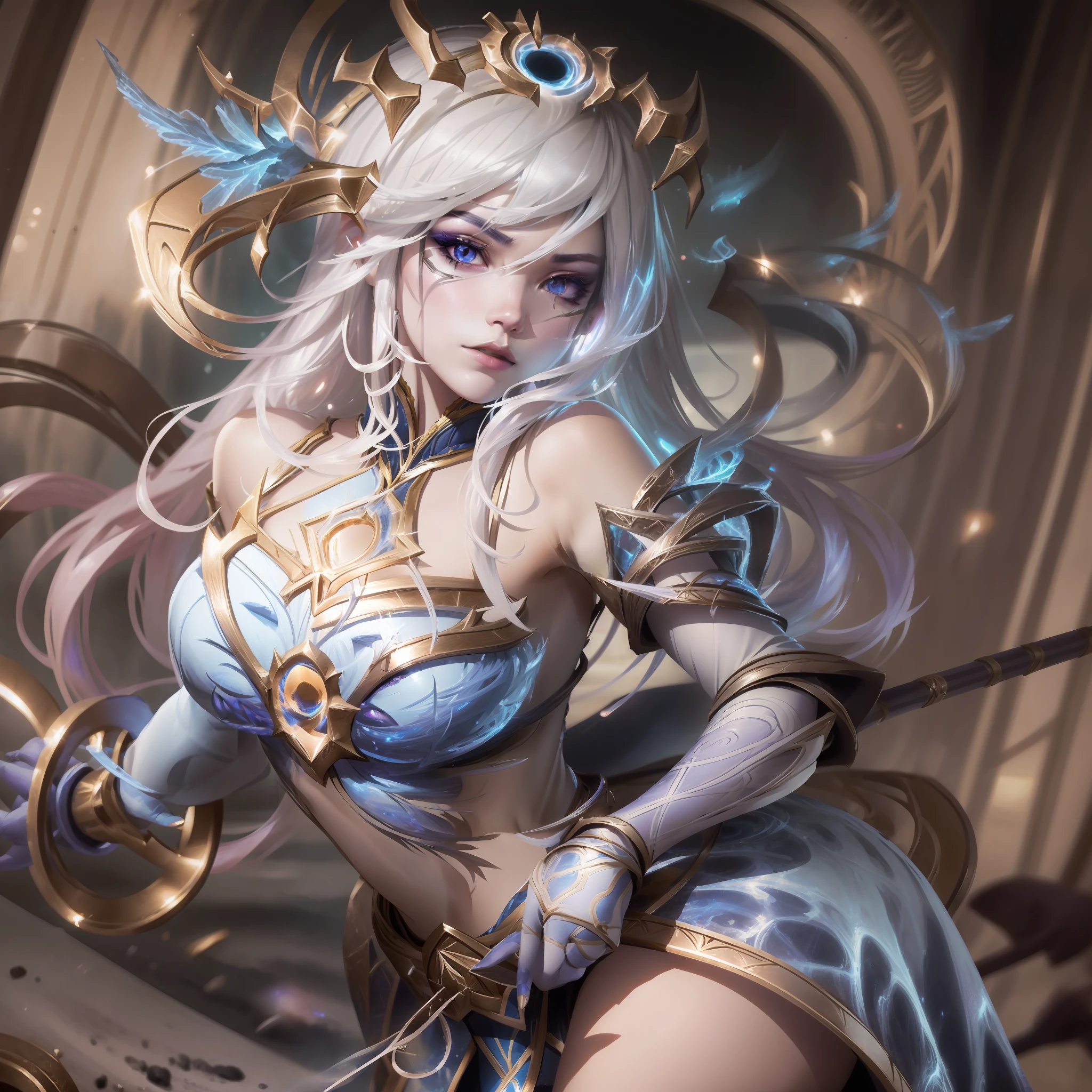 un primer plano de Lux de League of Legends con un atuendo sosteniendo un bastón, Retrato lux, cosplay ornamentado, diosa anime, caballeros de la chica del zodiaco, Modelo IG | germen de arte, germen de arte extremamente detalhado, germen de arte em ArtStation Pixiv, Obra maestra Diosa de la Tristeza, granblue fantasy, Estilo Shadowverse, Capturado na Canon EOS R 6