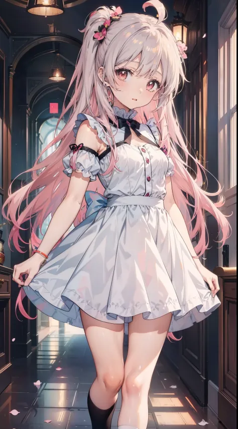 Anime girl with long pink hair and white dress standing in the hallway, anime visual of a cute girl, ethereal anime, anime best ...