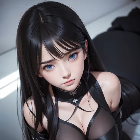 Anime girl in black ringer suit with blue eyes and black hair, Seductive Anime Girl, Smooth Anime CG Art, Fine details. girls' frontline, photorealistic anime girl render, render of april, from girls frontline, render of a cute 3d anime girl, beautiful all...