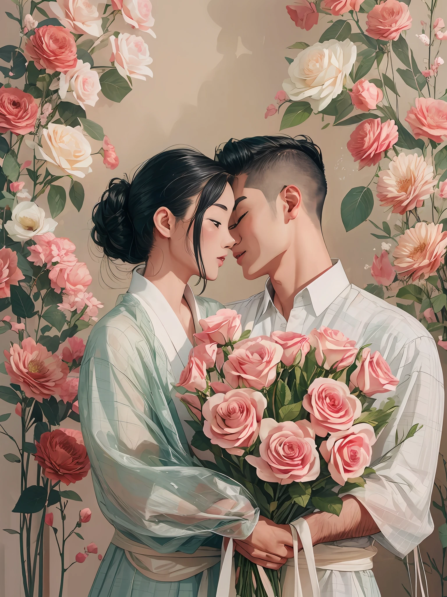 Un couple asiatique amoureux se penchant ensemble，Composez un bouquet de roses joliment emballé，toile de fond propre