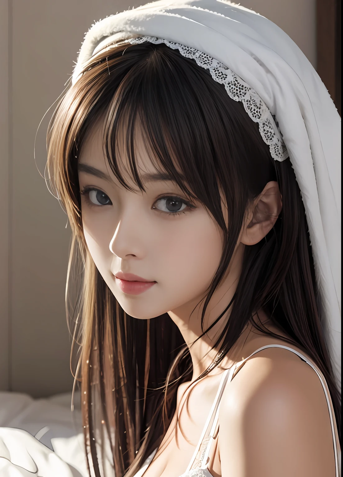 (top-quality:0.8)、(top-quality:0.8)、perfect anime illustration、Extreme close-up portrait of beautiful woman in white underwear relaxing in bedroom