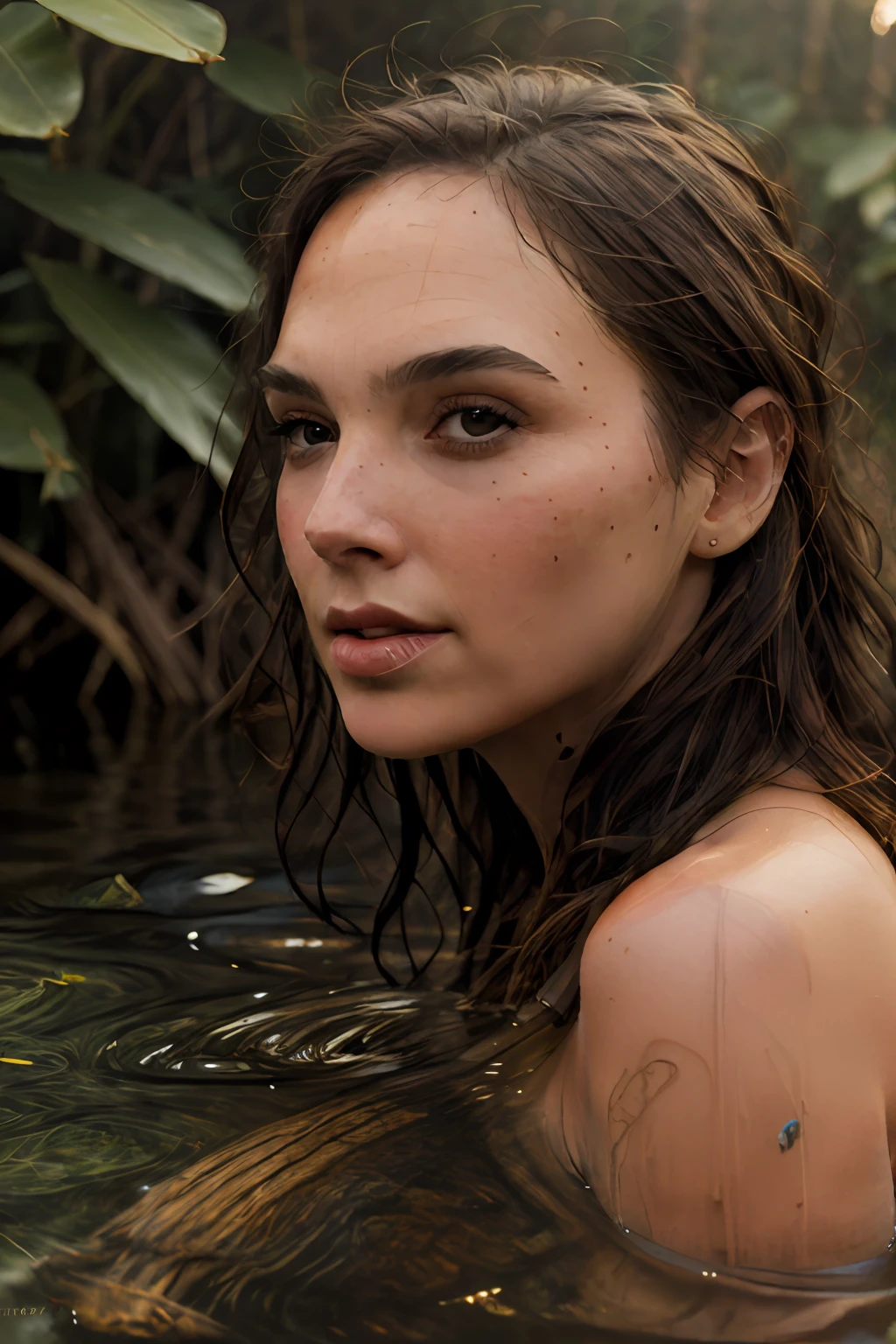 關閉一個可愛的女人的肖像 (格點) 在河裡洗澡, 已經, (背光), 實際的, 傑作, 最好的品質, 鏡頭光暈, 陰影, 盛開, [[色差]], 作者：傑里米·利普金, 通過安東尼奧J. 曼薩內多, 數位繪畫,
