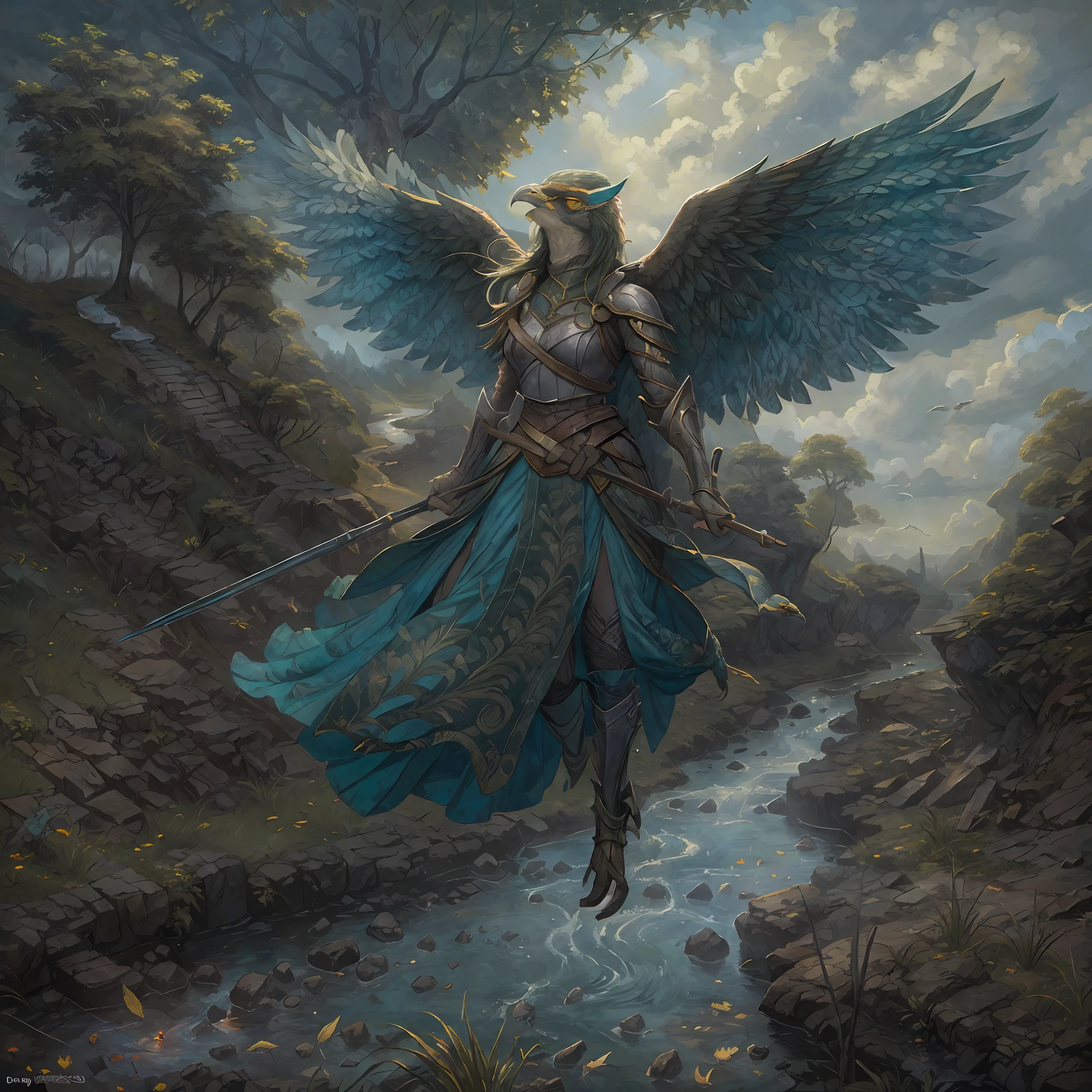 obra maestra, mejor calidad, (solo), pintura de Aven, una mujer pájaro verde hierba con armadura, entorno medieval, en una corriente, cielo azul detallado, capas de nubes oscuras, volador, volador over a ravine, escombros, vista aérea, dinámica, alas plegadas, bosque