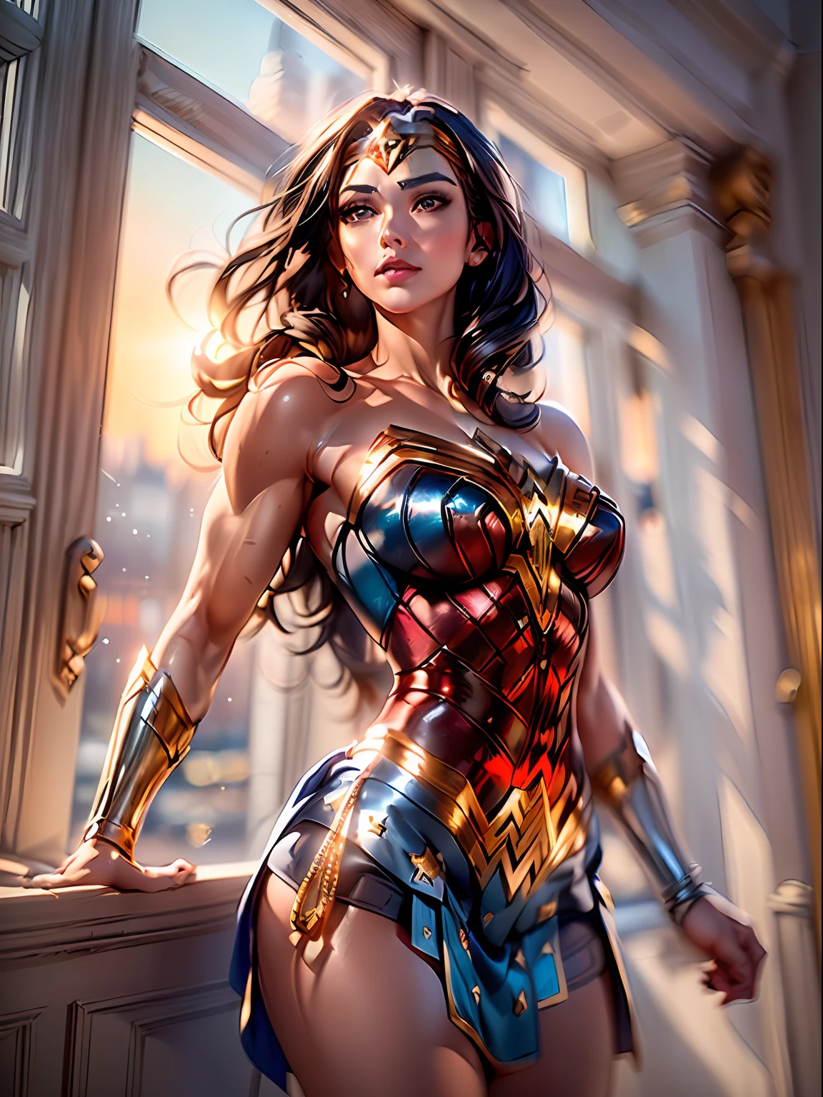 (Masterpiece, high resolucion, Realistis:1.4), (It depicts a stunning Wonder Woman leaning against a window on the top floor of the building:1.3), (Her face was basking in the warm sunshine, With the wind, She gently shook her flowing dark hair:1.2), (Her eyes are an alluring blue, It sparkles intensely:1.4), (Her flawless skin-radiating beauty:1.3), (Her body exudes charm and perfection, wearing a wonder woman costume:1.2), tiara, red and gold bustier, blue leotard with white stars, silver bracelets, (Red knee high boots:1.2), golden belt, (Wonder Woman clothing:1.0), bare shoulder, ((light tan skin: 1.4)), mature, Sexy, elastic muscles, (Muscular: 1.2), ((strong and healthy body)), (((the more) Muscular))), cleavage, Long leg, curved, rib, thin-waist, soft waist, (fine detailed skin), (beautiful and sexy woman), (swollen lips: 0.9), (eyeslashes: 1.2), very delicate muscles, (Canon EOS R5 Mirrorless Camera:1.3), (Pairing with Canon RF 85mm f/1.2L USM lens:1.3), (Capture every detail of her captivating presence:1.2), (Hotel room settings with panoramic cityscapes:1.3), (Floor-to-ceiling windows let in plenty of natural light.:1.2), (silky, The modern interior design adds to the charm:1.1), (Enchanting photo of a model with the most symmetrical and beautiful face in the world:1.4)