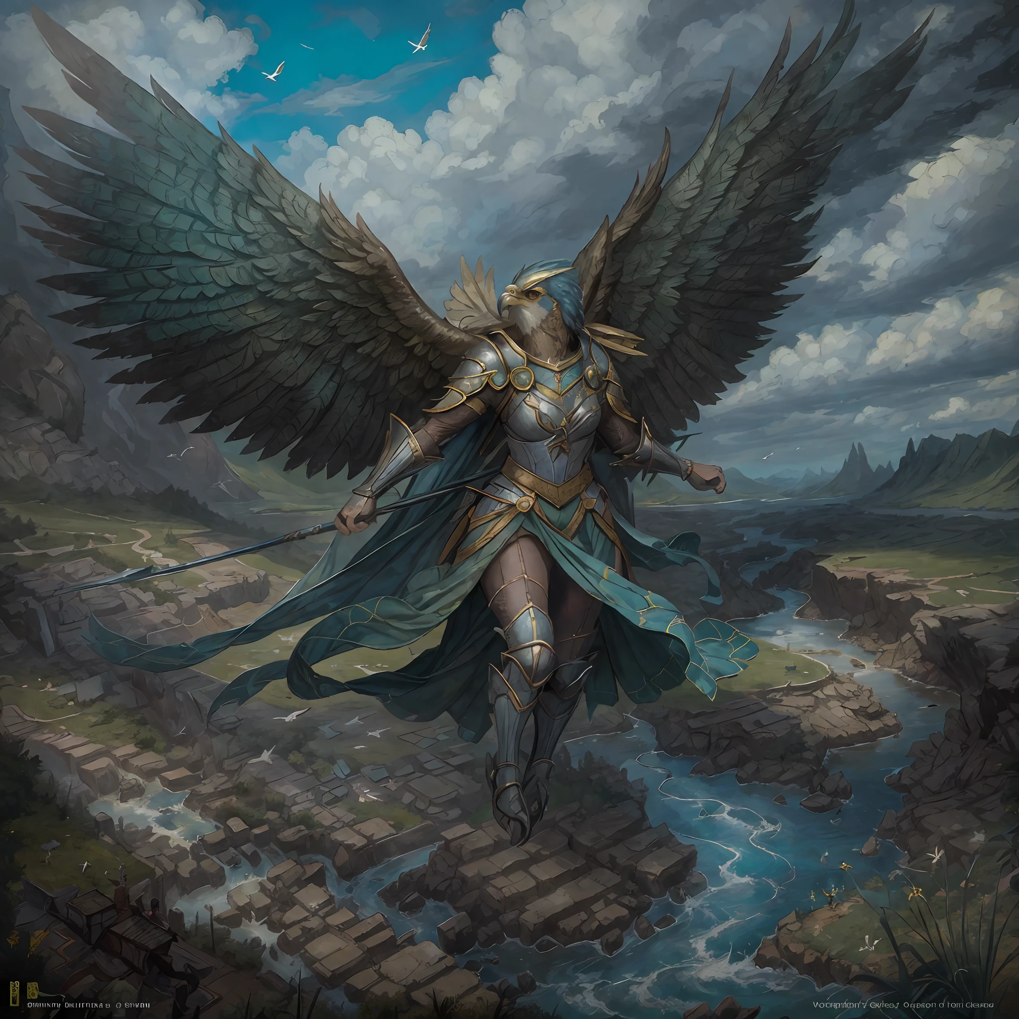 obra maestra, mejor calidad, (solo), pintura de Aven, una mujer pájaro verde hierba con armadura, entorno medieval, en una corriente, cielo azul detallado, capas de nubes oscuras, volador, volador over a ravine, escombros, vista aérea, dinámica, alas plegadas