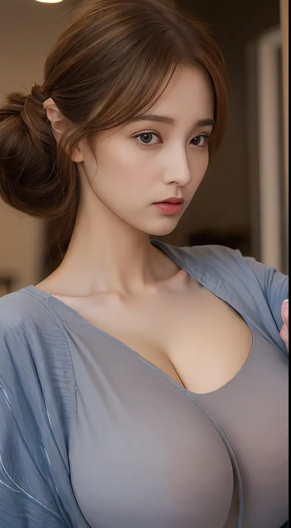((Best quality, 8k, Masterpiece :1.3)), 1girl, Pretty woman with emphasizing slender abs :1.3, (random hairstyles, gigantic breasts :1.6), Casual outfit :1.2, Indoor, Ultra-detailed face, Detailed eyes, Double eyelid