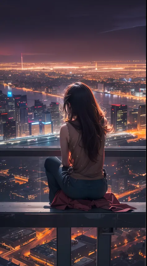 arafed woman sitting on ledge overlooking city lights at night, girl sitting on a rooftop, looking over city, overlooking a mode...