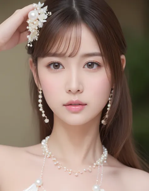 cute japanese girl with thick eyelashes, pink glossy lips, floral hairpins, pearls necklace. (8k, best quality : 1.2), (masterpi...