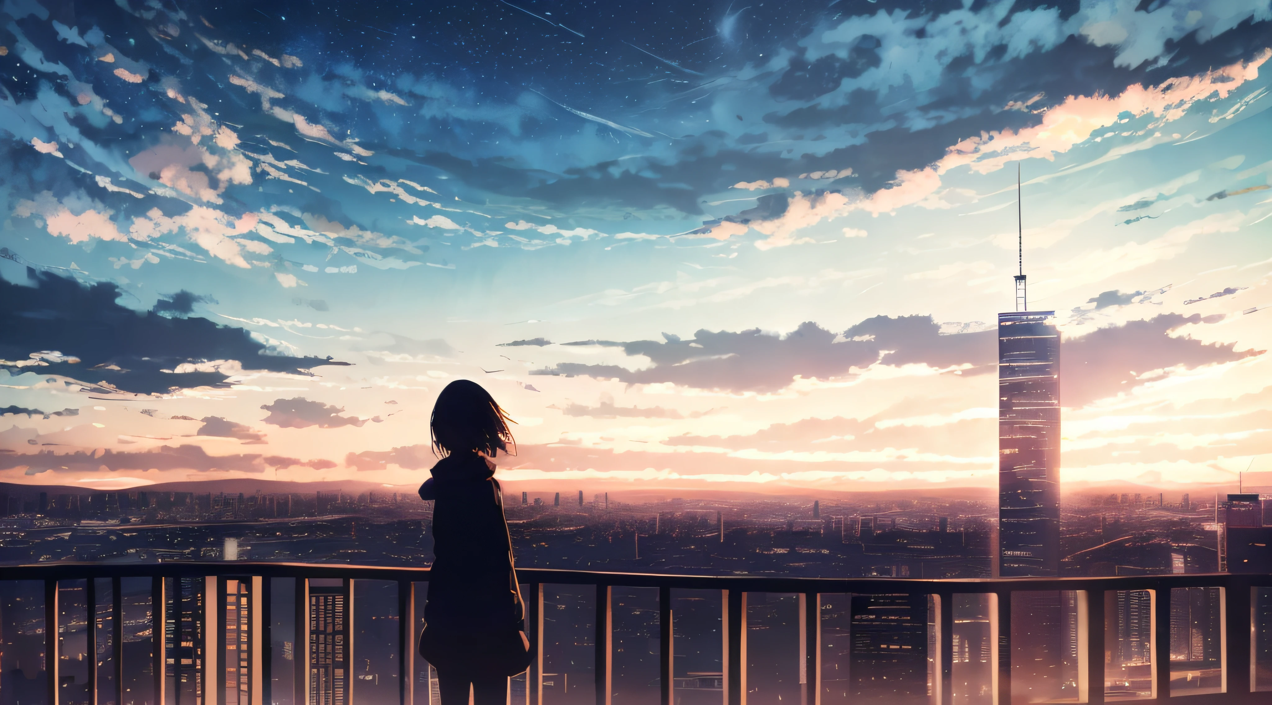 anime,silhouette,1girl, star (sky), cloud, cityscape, building, city, outdoors, skyscraper, city lights, night, night sky, sunset, skyline