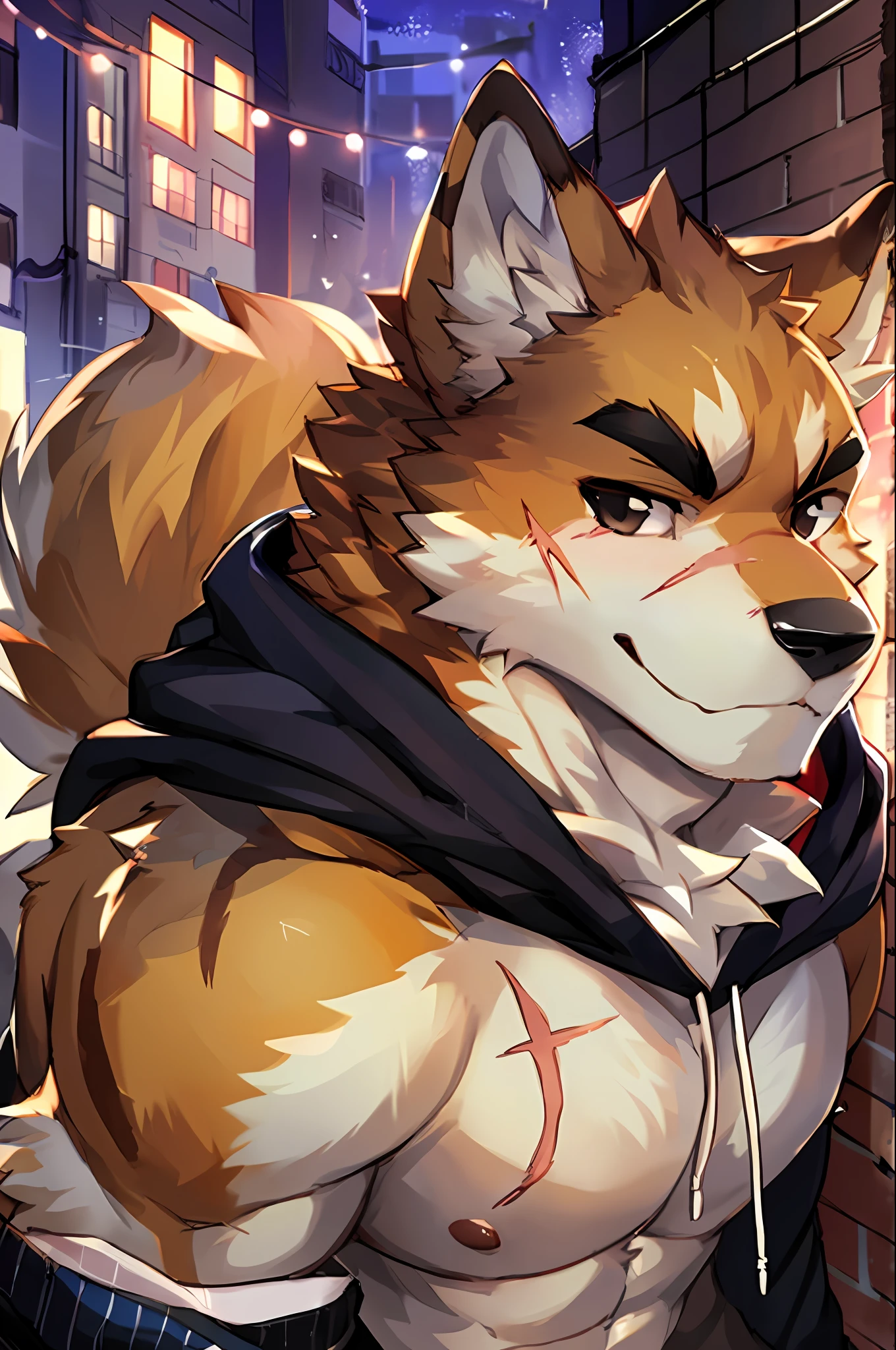 copperrtf, masterpiece, best quality, absurd res, by kiyosan, by null-ghost, furry, dog, male, muscular, solo, hoodie, pants, black pupils, black eyes, thick eyebrows, orange fur, brown fur, (scar on eye:0.9), looking at viewer, detailed fur, fluffy, tail, detailed background, alley,