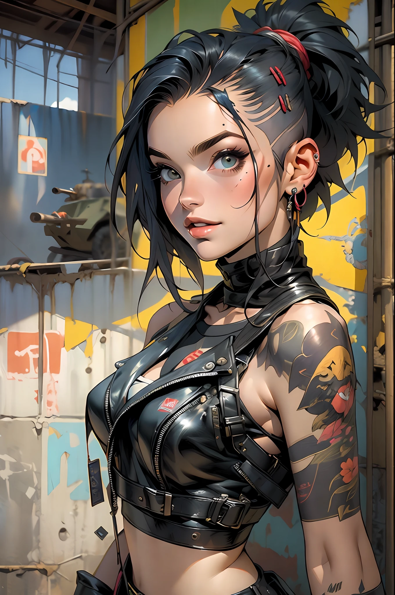 ((( fully body ))), master part, best quality, super detaill, 8k, gorgeous  woman, Tank Girl com cara de maluca, malicious smile , fully body, colored mohawk hair, Punk Girl, post-apocalyptic world, ((  of the tank )), nijistyle, torn and dirty clothes, short mohawk, sides of shaved head, clean  face