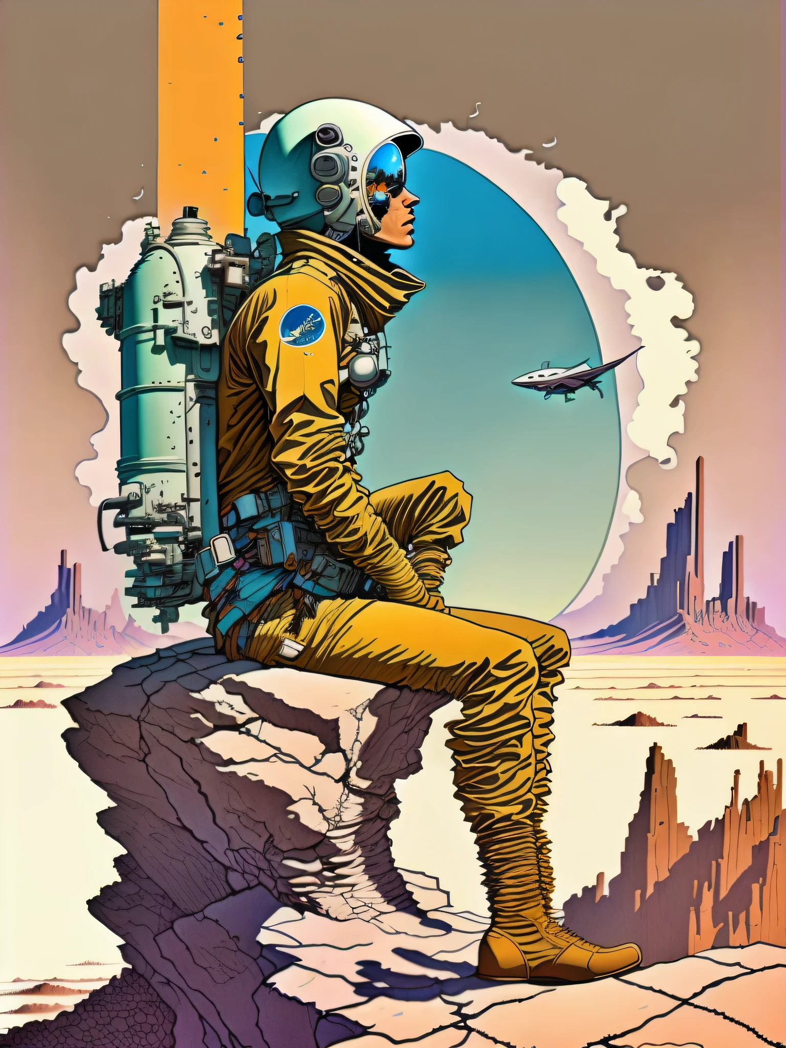 uma pintura de um astronauta em traje espacial, sentado em um penhasco com uma nave espacial ao fundo por Moebius Jean Giraud