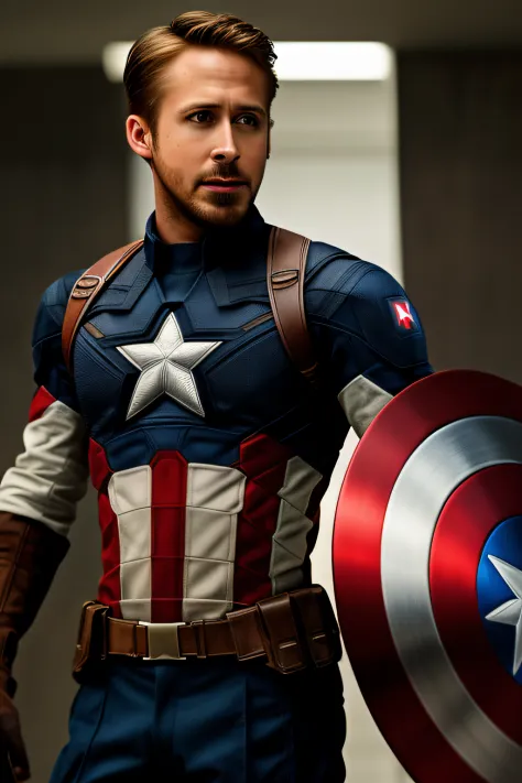 Extremely detailed photo of a man wearing Captain America's armor, Ryan Gosling, barba curta elegante, photoshoot modelo, 8k UHD...