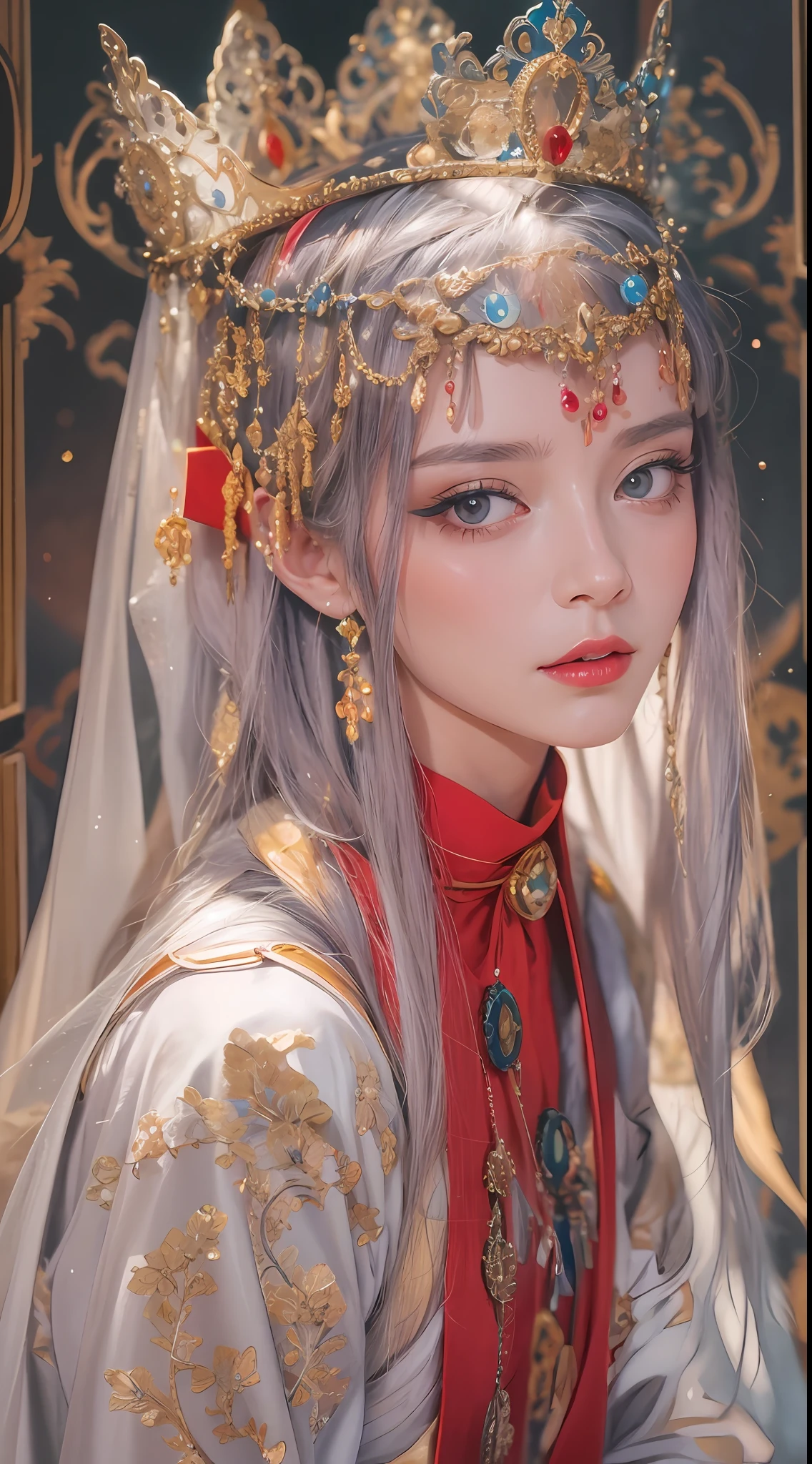 Portrait of a 27-year-old saint,Charming adult saint in a long dress made of thin silk, beautiful saint with an old face, adult, wearing a thin multicolored silk dress, beautiful face without blemishes, (((Sobbing:0.7))), ((7-color hair length:1.2)), big crown, hair brooch, hanfu dress, chinese ancient style, full body jewelry, forehead tattoo, super even chest, face, innocent face, The most beautiful and detailed light red lipstick, ((Thin plump lips:0.3)), ((Golden Eyes color:0.6)), ((Hands hanging down:0.9)), Detailed and delicate lighting effects, light and dark, dramatic lighting, magical light, extremely detailed light, true color, super sharp, realistic, 8k quality, fantasy universe background, saints and magical space, the most detailed images, ((Solo:0.3)), ((a saintess:0.6)), ((looking directly at the saint's upper body:0.4)), ((smooth skin:0.5)), ((the holy woman's veil:0.6)),