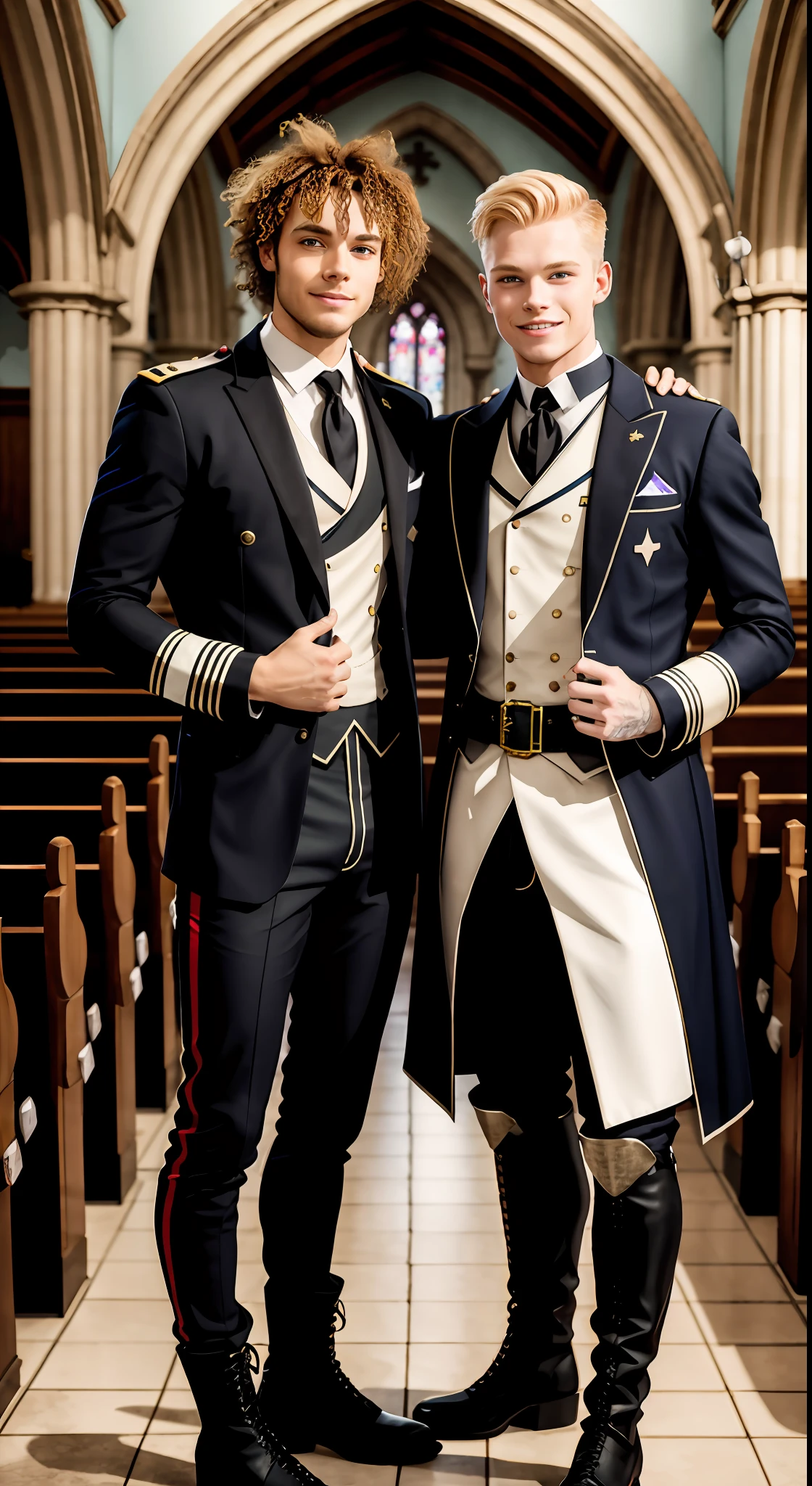 Two men in military uniforms standing in a church - SeaArt AI