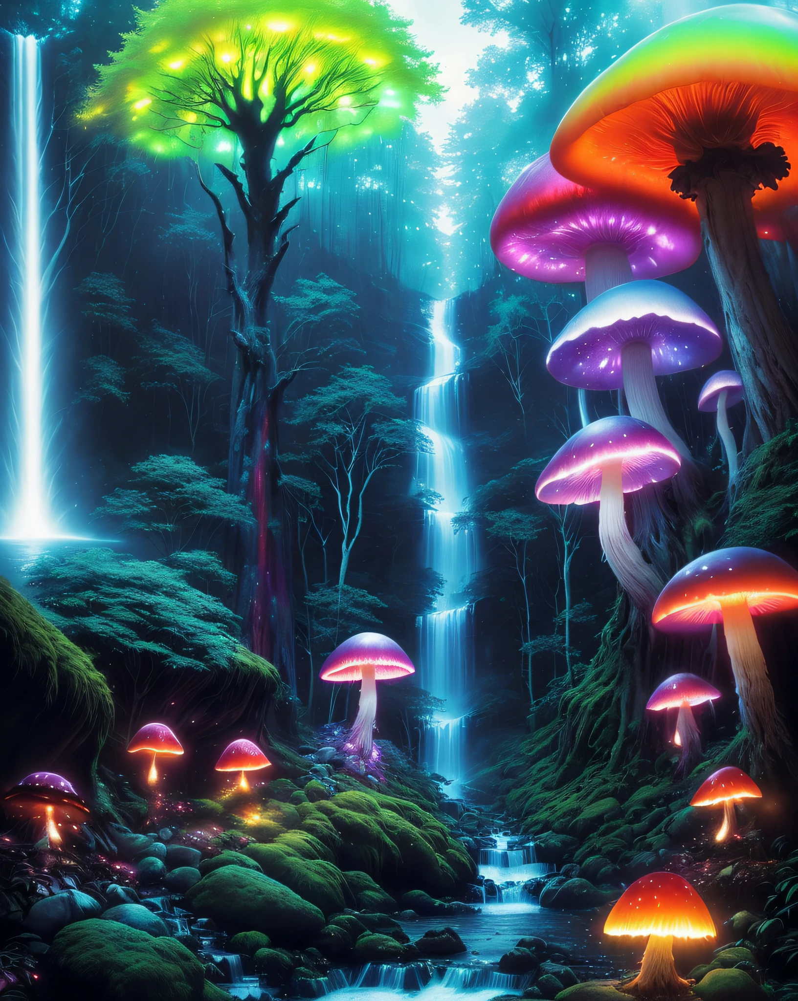 Радужный лес、Светящееся дерево々、натуральный、Светящиеся грибы、Светящийся водопад、Монт、Ясный день、(Художник Грег Рутковски:1.3)、(яркий цвет:1.3)