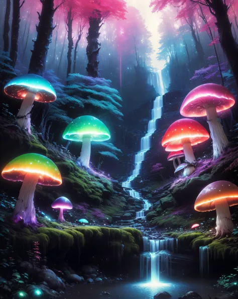 Rainbow Forest、Luminous Tree々、naturey、Luminous mushrooms、Luminous waterfall、mont、A clear day、(Artist Greg Rutkowski:1.3)、(vivd c...