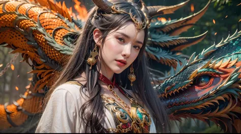 A beautiful girl with a rainbow dragon, ((girl wearing a long robe)), (wearing chain mail: 1.4), (long cloth pants: 1.2), (chain...