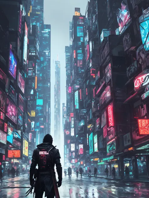 1080p,hyper HD，cyberpunk，Carry a big sword on your back，Gun in one hand，frontage，city，rain