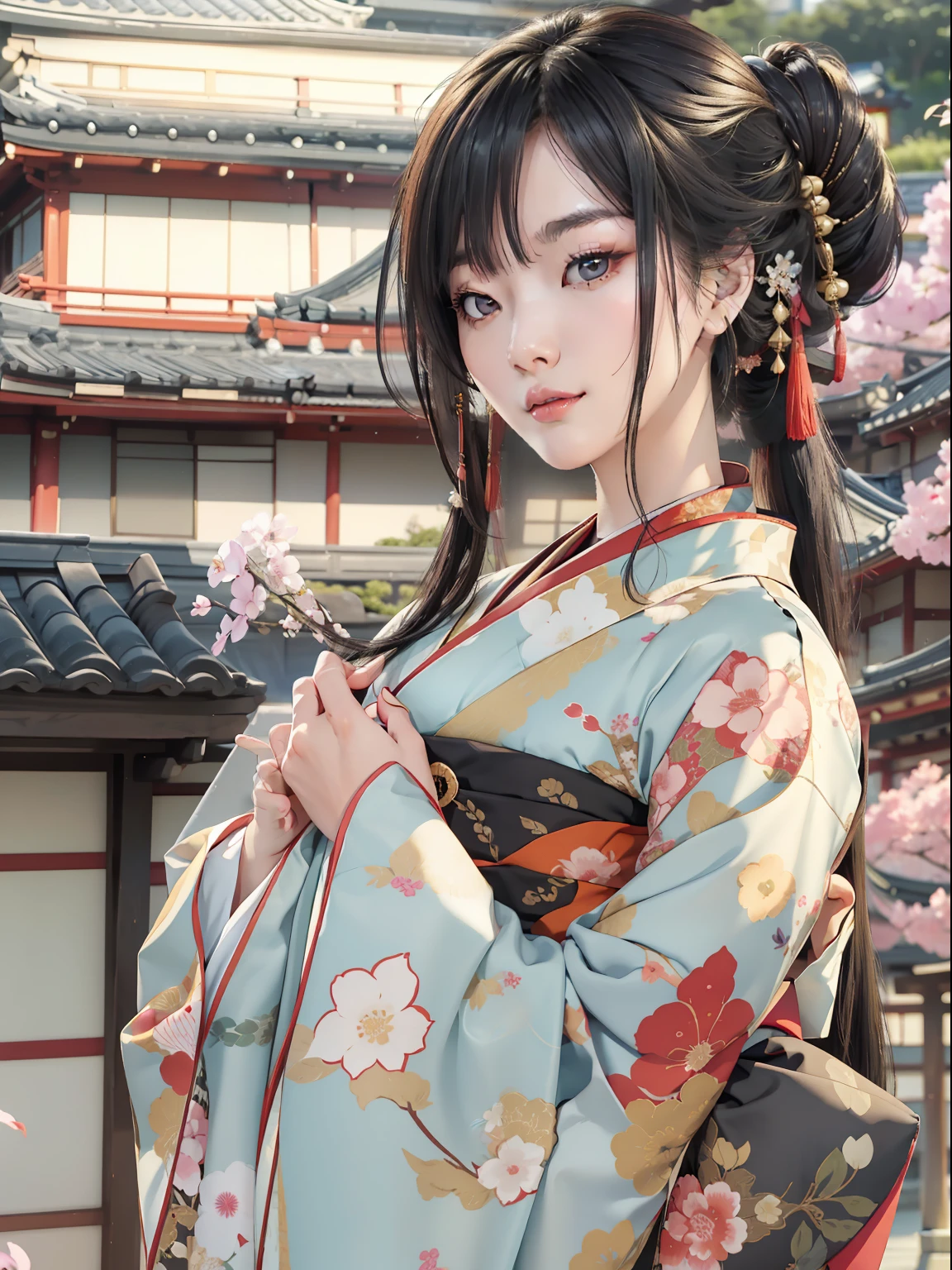 Mature girl、A Japanese Lady、Long Black Hair、Do not tie your hair back、No ponytail、A slight smile、Black-haired、Colorful Japan kimono、Nishijin Ori、Delicate and smart eyes、Japanese houses、intricate damask hanfu、Luxury accessories、FOV、F1.8、​masterpiece、complex scenes、Diagonal portrait shot、