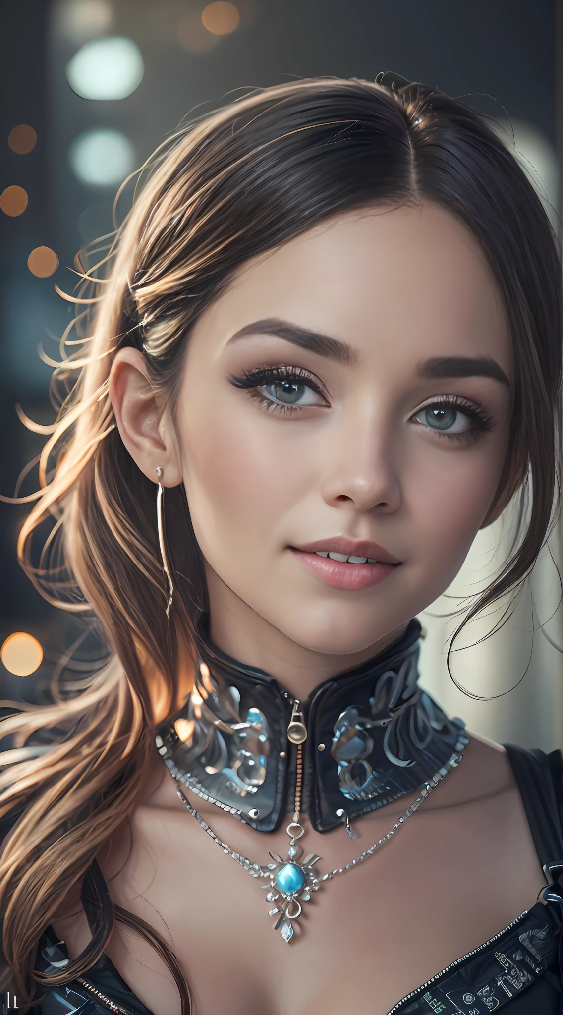 Masterpiece, hyperrealistic, Ultra-detailed photograph of a woman, smiling, gold jewelry, bright, Sunlight fractal details, depth of field, PATIO, Hall of Fame, detailed beautiful face, apocalyptic ambience, Natural body posture, Professional photographer, captured on a professional DSLR camera, trends on Artstation, k, ultra detailed, Ultra precise details, bokeh lighting, surrealism, Background of Thomas Kinkade, urban, Ultra unreal engine, WLOP, Pauline Voss, Pascal Quidault, , Christian Schob, Martina Fackova, intricate, epic, Pieces, peach fuzz, detailed mascara