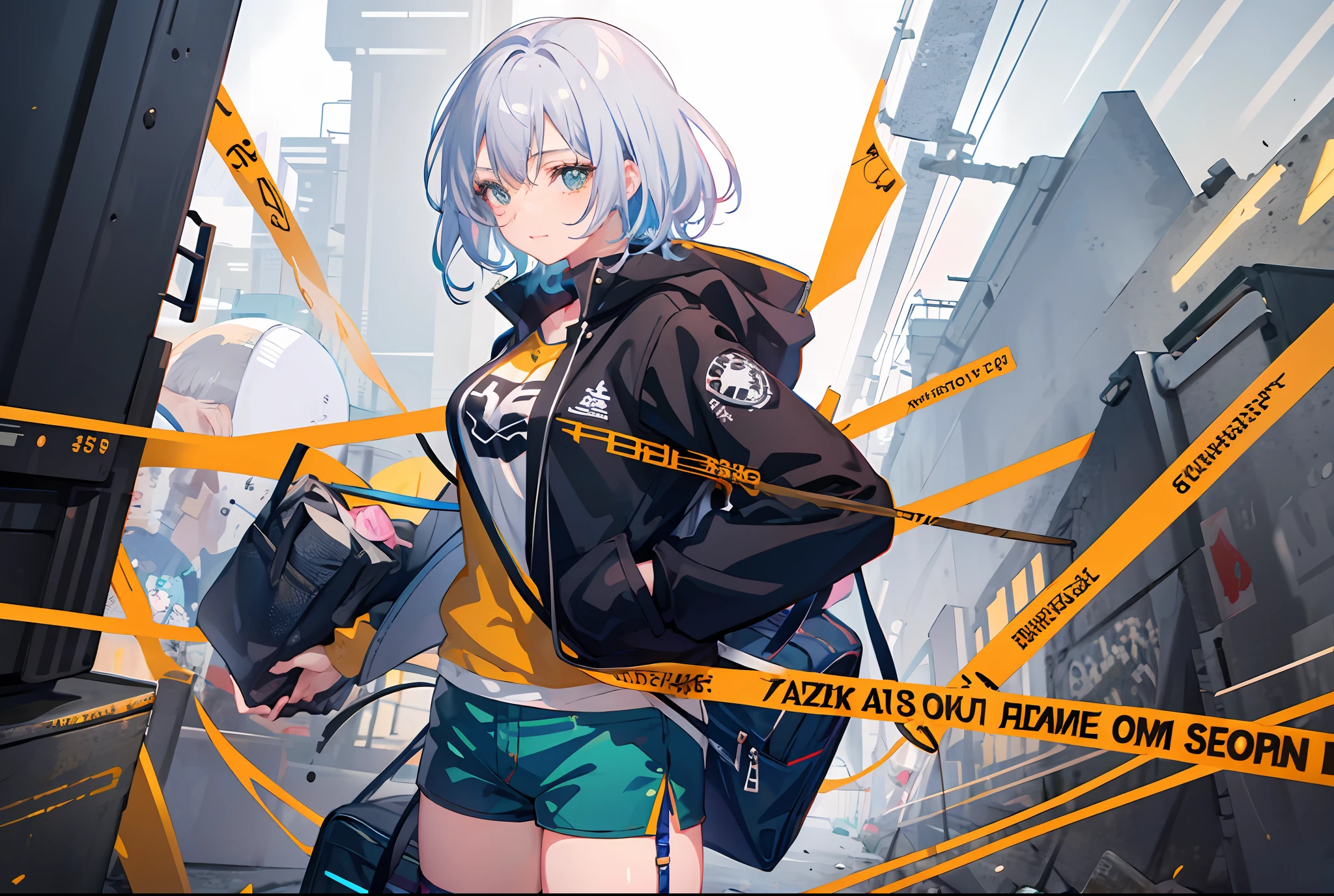 Anime girl in green shorts and black jacket holding a bag of fruit, Guviz-style artwork, Anime style mixed with Fujifilm, Anime style. 8K, modern anime style, Anime style, Style anime, Realistic anime 3 D style, Anime style illustration, Guviz, She is seen wearing streetwear pieces, style of anime4 K, Digital cyberpunk anime art