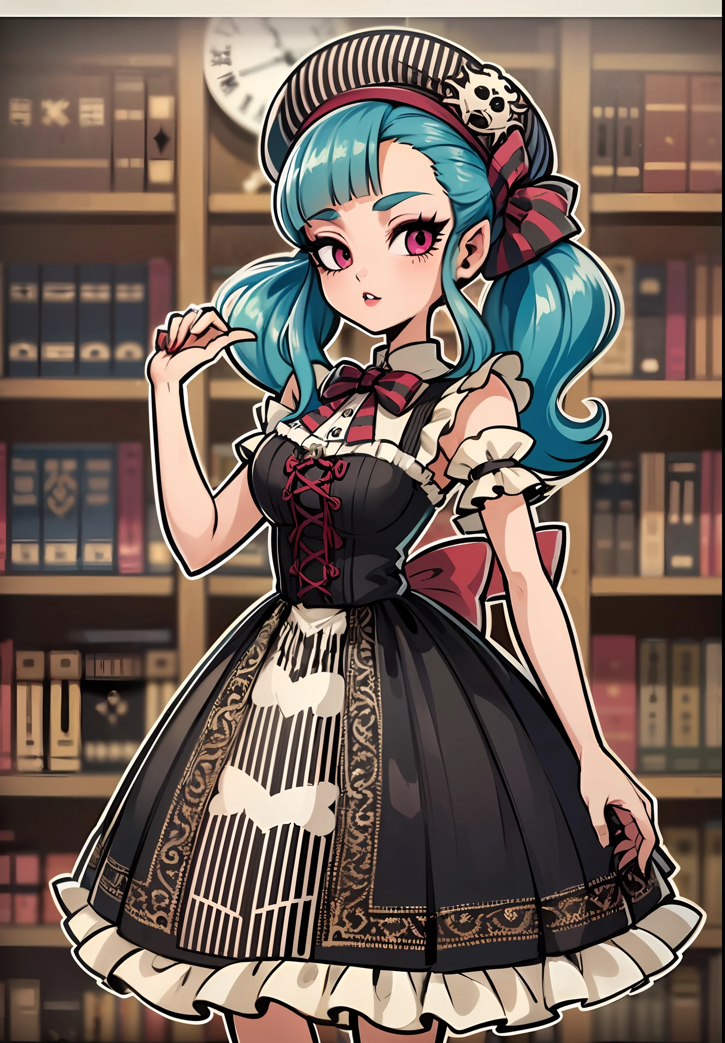 ((Dynamic Angle)), ((独奏)), (turquoise hair), (((ponytails))),(Long hair),  (pink eyes), ((French beret)), (((smoth))), (Gothic dress), (Lolita Dress), (vintage dress), (Black Dress), (frilld), (beige frill;;;), (Bows), (((Dark red details))), (((Vertical stripes))), ((Clock face in the background)), (library), (((thick outlines))), (((white outlines))), ((monster high))