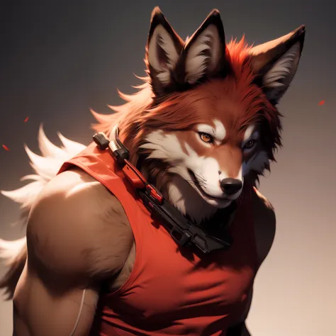 solo person，Furry，werecreature，Male red wolf，Red fur，Red tail，White ears，Blood-red eyes，Red collar，musculature，male people，（The furry feeling of animal ears），Bring a gun，