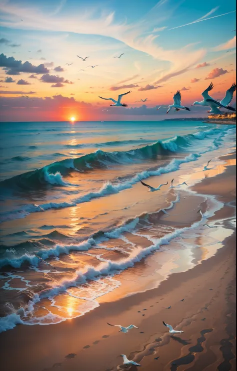 An absolutely mesmerizing sunset over the beach, with a blend of oranges, pinks, and yellows filling the sky. Crystal-clear waters of the sea gently kissing the shore, with sandy white beach stretching far and wide. The scene is dynamic and breathtaking, w...